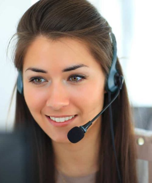 roofing contractor Female customer support operator with headset and smiling